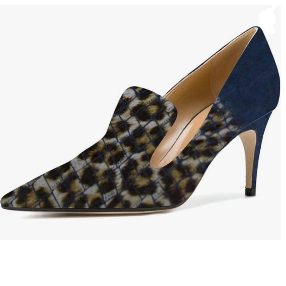 YDN Alligater Navy Mid Heels Slip on Loafer Pumps Pointy Toe Slide Suede Shoes - Picture 1 of 8